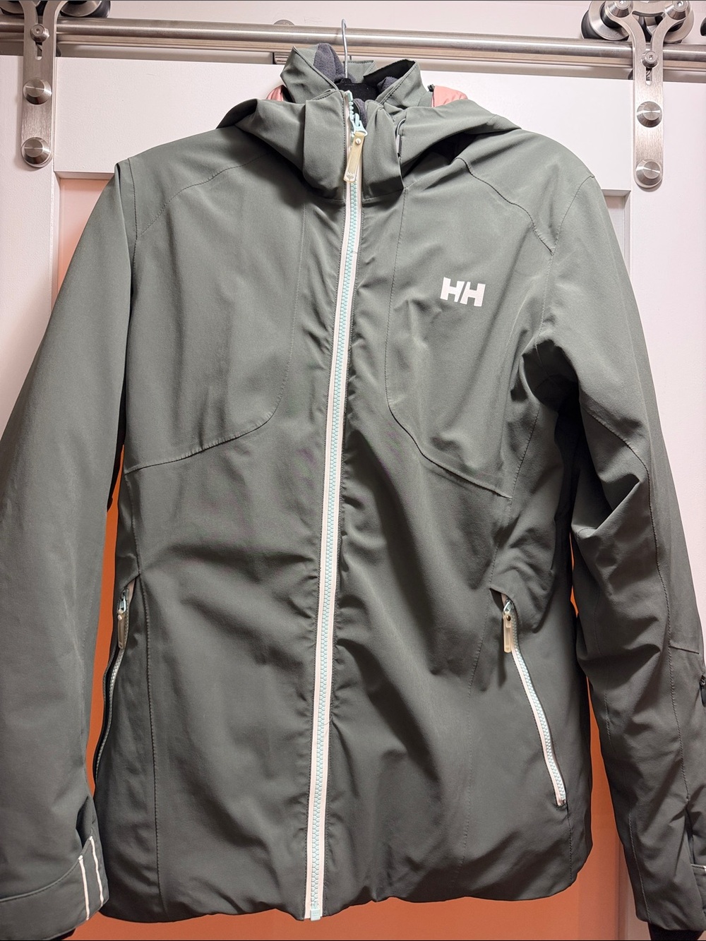 Helly Hansen Olive Green Hooded Ski Jacket with White Accents